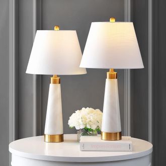 Jonathan Y Designs Travis 26.5 Marble/Iron Gold Modern Column LED Table Lamp (Set of 2)