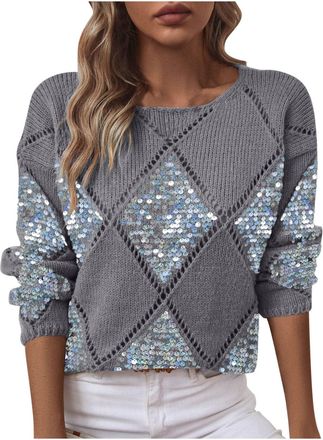 Generic Jumpers for Women UKFleece Diamond Pattern Crewneck Long Sleeves Sweaters Casual Comfortable Soft Tops Fleece Knit Jumpers Dating Office Travel Holida