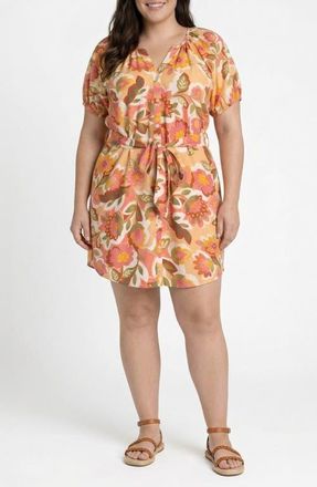 Liverpool L.A. Floral Print Tie Waist Dress in Tan Floral Multi at Nordstrom, Size 1X