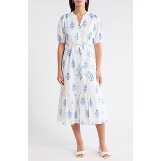 Sugarlips Veran Floral Button-Up Tiered Cotton Shirtdress in Wht-Blues at Nordstrom, Size X-Large