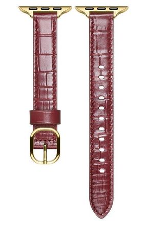 Posh Tech Carmen Skinny Croc Embossed Leather Apple Watch Watchband in Cherry Laquer at Nordstrom