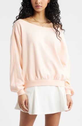 BP. Lace Trim Off the Shoulder Cotton Blend Sweatshirt in Coral Morning at Nordstrom, Size Xx-Small