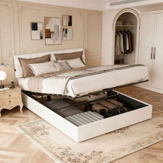 OEM Cama 140x190 - Pocketpop - Terciopelo Teddy Blanco Lechoso - Cabecera Ajustable - Estructura De Cama Con Somier De Lamas - 2 Plazas
