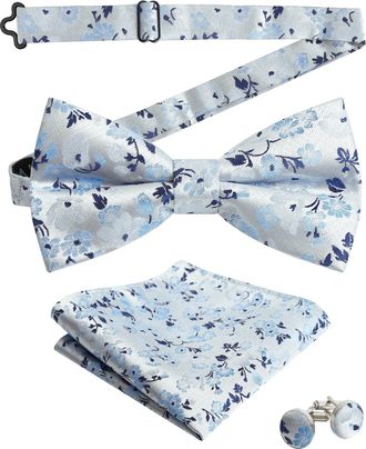Alizeal Mens Floral Pattern Pre-tied Bow Tie, Pocket Square and Cufflinks Set, Light Blue