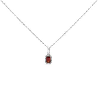 House of Brilliance 10K White Gold 5x3mm Red Garnet and Diamond Accent Halo Octagonal Shape Pendant Necklace