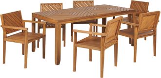 Beliani Conjunto De Comedor 6 Plazas De Madera De Acacia Clara Mesa Sillas Reposabrazos Baratti