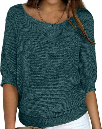 Generic Ideacloth Tops Sweaters for Women, Relaxed Knit Top, 3/4 Sleeve, Slouchy Crew Neck Crochet Top, Plus Size (Dark Blue,3XL)