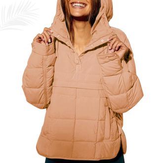 Generic Womens Quilted Pullover Jacket, Oversized Hooded Jacket Long Sleeve Pullover Hoodies Warm Padded Coat (Light Brown,M)