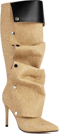 Generic Womens Sexy High Heel Slouch Long Boots Pointed Toe Knee High Boots Denim Casual Boot with Studded,Brown,2.5 UK