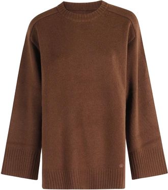 Loulou Studio Bruine Lange Trui met Zijsplitten - Dames - Ronde hals truien - Bruin - L - Wol - Truien & Vesten