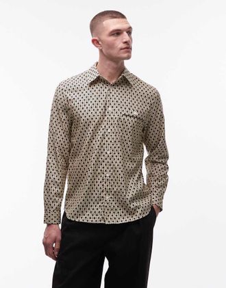 Lacoste Camicia in raso beige con stampa di monogrammi-Multicolore