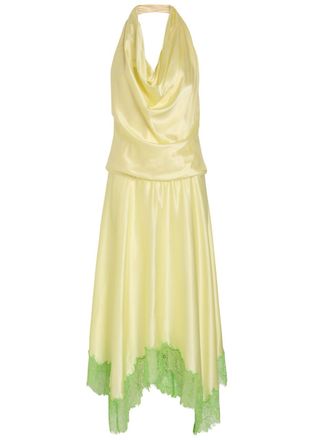 Staud Elira Lace-trim Stretch-silk Midi Dress - Yellow - M (UK12 / M)