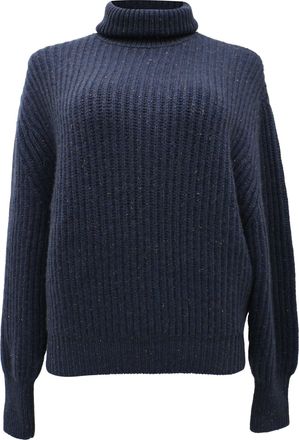 Brunello Cucinelli Ribbed-Knit Rolled Neck Sweater in Navy Blue Cashmere