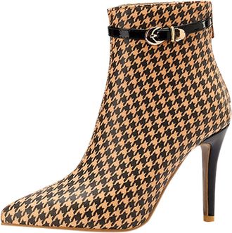 Generic European Style Womens Autumn Winter Pointed Toe High Heel Ankle Boots with Back Zipper and Buckle Detail for Fashionable Outfits (Brown, 5.5)