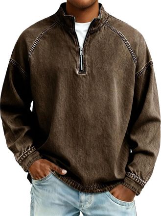 Generic Mens Workout Sweatshirts Vintage Long Sleeve Quarter Zip Washed Streetwear Hippie Pullover Tops Casual Loose Fit Mock Neck Autumn Athletic Activewear 