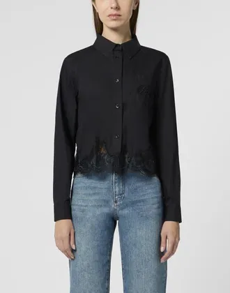 Philipp Plein Popeline Cropped Shirt Lace Women in Black at Nordstrom, Size X-Small