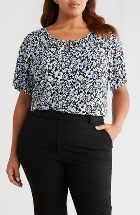 Anne Klein Floral Keyhole Peasant Top in Blue Yonder Multi at Nordstrom, Size 1 X