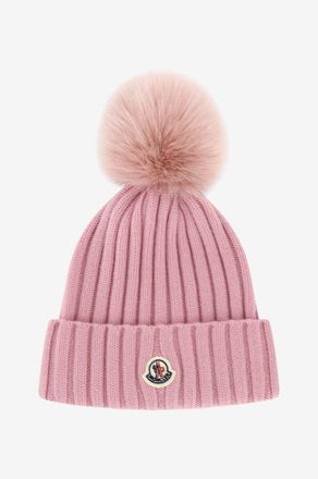 Moncler Rippstrick-Wollm&uuml;tze mit Pl&uuml;schbommel