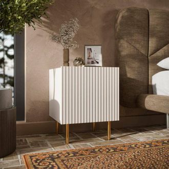 Dmora Conjunto De 2 Mesitas De Noche Farini, C&oacute;moda Baja Con Puerta Abatible Y Compartimento Interior, Acabado Efecto Ca&ntilde;a, 45x40 H51 Cm, Beige