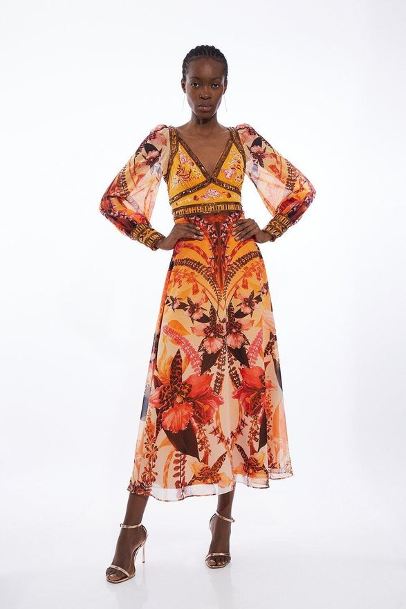 Karen Millen Placed Floral Embroidered And Beaded Woven Midi Dress from  £259.00