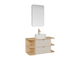 Vente-Unique Mobile Lavabo Singolo Sospeso Con Nicchie, Lavabo Da Appoggio Rotondo, Rubinetto E Specchio Beige E Naturale Chiaro 100 Cm - Lavena