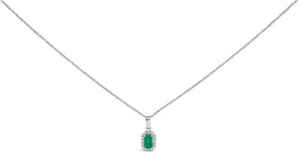 House of Brilliance 10K White Gold 5x3mm Birthstone and Diamond Accent Halo Octagonal Shape Pendant Necklace in Green Emerald | White at Nordstrom