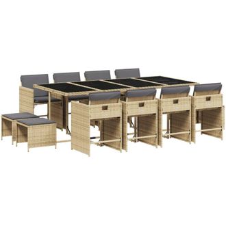 vidaXL Set Comedor De Jard&iacute;n Con Cojines 13 Pzas Rat&aacute;n Sint&eacute;tico Beige Vidaxl