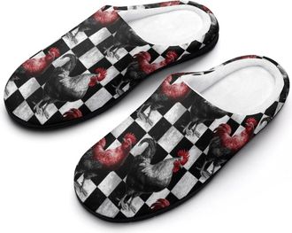 Generic Roosters on Black And White Checkered Funny Mens Cotton Slippers Soft Non-Slip Rubber Sole House Slipper Indoor Outdoor