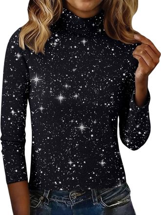 Generic Sparkly Jumpers for Women UK Polo Neck Long Sleeve Glitter Knitted Sweater Sequin Shimmer Cocktail Holiday Party Tops(Black, XXL)