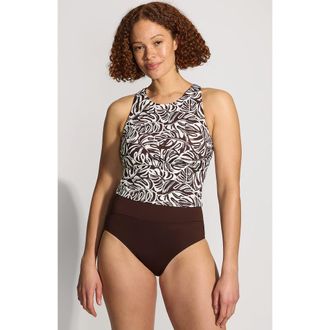 Lands End Chlorine Resistant High Neck Racerback Midkini Swimsuit Top in Brown Mini Tropic Leaves at Nordstrom, Size 12