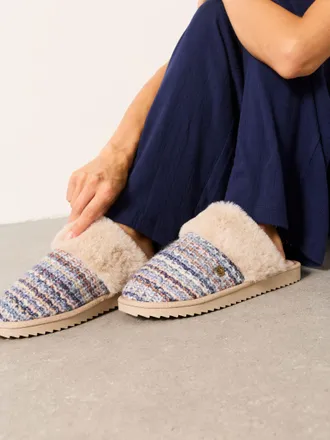 Fat Face FatFace Kaia Blue Faux Fur Knitted Mule