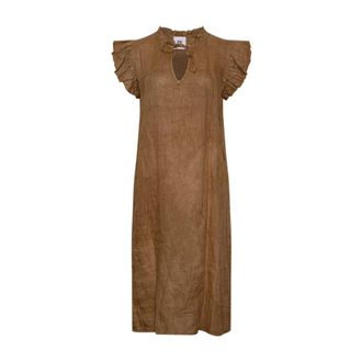 Tiffany & Co. Etta Frill Jurk Linnen - Dames - Casual kleedjes - Bruin - M/L - Linnen - Kleedjes