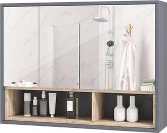 HOMCOM Armadietto Bagno a 3 Ante con Specchio e 8 Vani 80x20x60 cm Grigio - Homcom