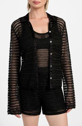 Guess Bella Sequin Open Stitch Shirt in Jet Black Multi at Nordstrom, Size X-Small