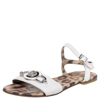 Roberto Cavalli White Leather Embellished Flat Sandals