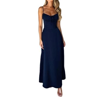 Generic Womens Elegant Lace-Up A-Line Solid Color Medium Length Dress - Timeless Style for Every Occasion(Dark Blue,M)