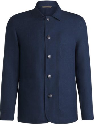 HUGO BOSS Mens Solid Patterned Shirt Collared Workwear Jacket with Chest Pocket in Dark Blue - Size Large