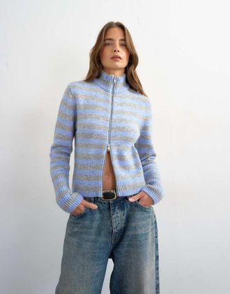 Topshop Cardigan in maglia grigio e blu a righe con zip-Multi