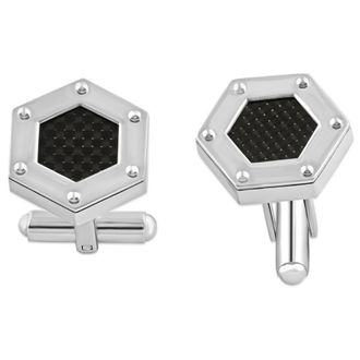 Pompeii3 Mens Stainless Steel And Black Carbon Fiber Hexagon Polished 16.5mm Cufflink