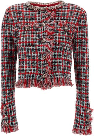 Self Portrait Frayed Red Check Knit Jacket with Bead Embellishment