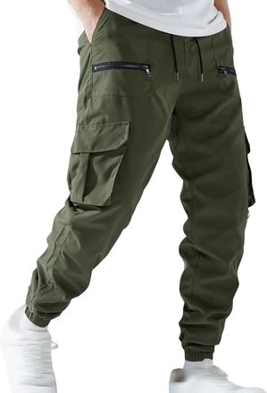 Generic Mens Tapered Cargo Trousers with Zipper Pockets Elasticated Waist Adjustable Cuffs Casual Streetwear Pants Daily Wear Outdoor Trousers Bottoms Army Gr