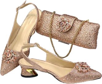 Generic Womens Shoes and Bag Set Sparkly Crystal Decoration Low Mid Heel Dress Pumps Matching Gold Chain Handbag