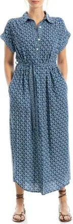 Max Studio Short Sleeve Tie Waist Shirtdress in Navy/Cream at Nordstrom Rack, Size X-Large