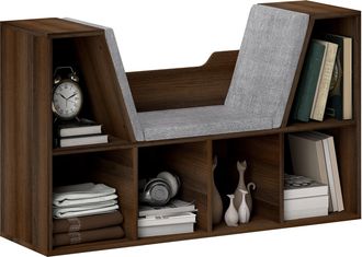 HOMCOM Cube Bookshelf Organizer With Reading Seat - Six Cubes - Chestnut | TJ Hughes
