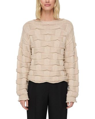 Lafayette 148 New York Chunky Basket Stitch Bateau Neck Wool Sweater