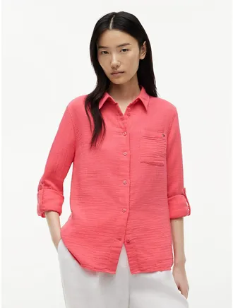 Tommy Hilfiger Womens Gauze Roll-Tab Pocket Shirt - Garden Rose - M
