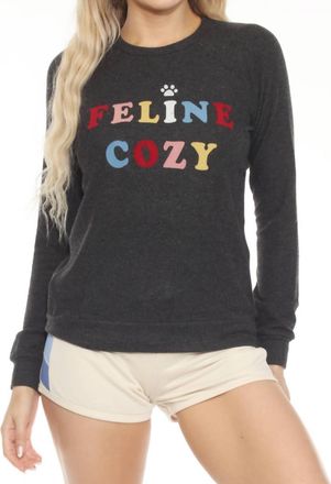 PJ Salvage Womens Heather Slate Feline Cozy Flannels Lounge Top In Black