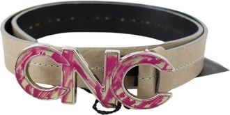 Costume National Womens Beige Leather Pink Letter Logo Buckle Belt