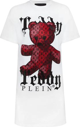 Philipp Plein T-Shirt Korte Jurk Monogram Teddybeer - Dames - Korte kleedjes - Wit - S - Katoen - Kleedjes