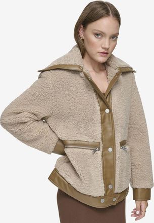 Andrew Marc Womens Zepita Mixed Media Faux Leather Shirt Jacket